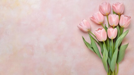 Poster - Gentle pink tulips lie on a delicate pink background, creating a romantic atmosphere perfect for valentine's day, woman's day, or any spring celebration