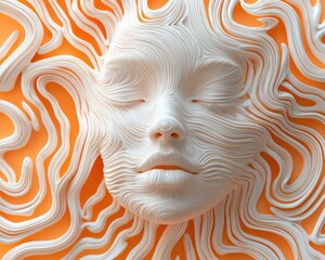 Wall Mural - Serene face sculpted within abstract lines. AI.