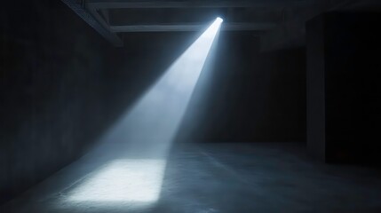 Poster - Bright spotlight illuminates a dark, empty room with concrete floor and walls, creating dramatic lighting effect.