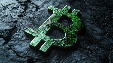 Aufkleber - Glowing green bitcoin symbol is laying on a dark textured rock surface, suggesting concepts of cryptocurrency, investment, and digital finance