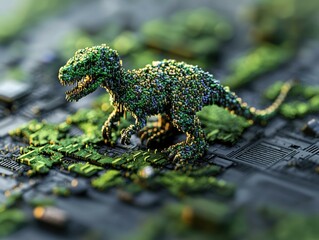 Poster - Digital dinosaur on circuit board. AI.