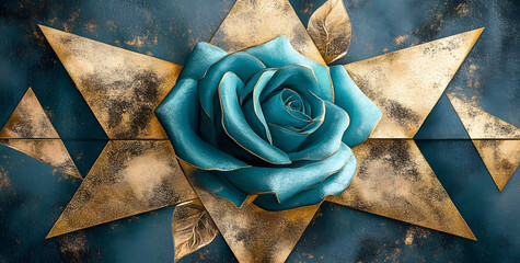 Wall Mural - contemporary illustration featuring turquoise and gold triangles against a gray backdrop.