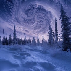 a blue sky with a swirling cloud and trees in the background
