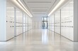 © Mikael - Modern white hallway lockers, city view. Office storage
