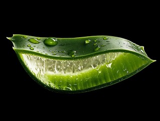 Close-up of a sliced aloe vera leaf, showing its pulpy interior and water drops, isolated on black