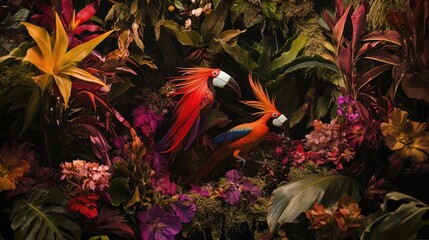  Two Red Parrots Amidst Lush Tropical Flora