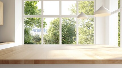 Poster - Sunlight illuminating empty wooden countertop in modern minimalist white kitchen with large windows overlooking lush green trees, creating a peaceful and inviting atmosphere