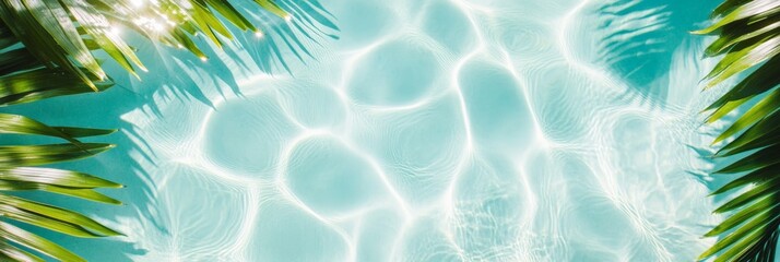 Poster - Tropical palm leaves framing refreshing turquoise swimming pool water surface with light reflections on a sunny summer day create a perfect holiday atmosphere
