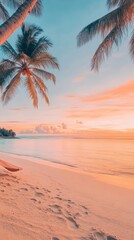 Aufkleber - The warm hues of sunset paint the sky above a serene tropical beach, where palm trees sway gently and footprints mark the soft sand, creating a picturesque scene of idyllic relaxation