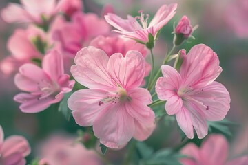 Wall Mural - Close up of musk mallow flowers showcasing their delicate pink petals and intricate details, creating a soft and dreamy atmosphere