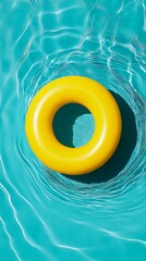 Poster - Bright yellow inflatable ring floating on the tranquil surface of a clear blue swimming pool, creating ripples in the water and offering a relaxing summer vacation vibe