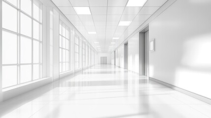 Poster - Bright, clean, empty white corridor with large windows and shiny floor.