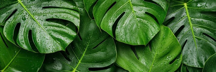 Poster - Lush, green monstera leaves glisten with fresh water droplets, creating a vibrant and refreshing natural pattern. The rich texture and vivid color evoke a sense of tropical tranquility