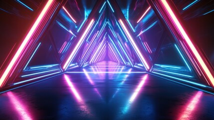 Poster - Neon Triangular Tunnel Glowing Brightly In Dark Space