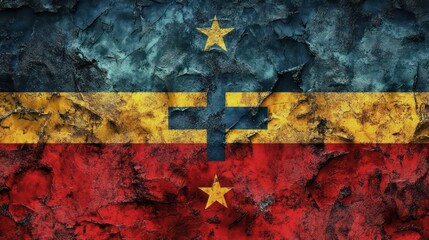 Poster - Grunge textured flag with yellow, blue, red and dark blue stripes, a cross and stars.