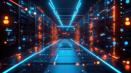 Poster - Futuristic Server Room Corridor With Neon Lights