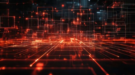Poster - Abstract Digital Network Cityscape Illuminated In Red