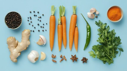 Poster - Flat lay of fresh carrots, ginger, garlic, chili pepper, parsley, peppercorns, star anise, and turmeric powder on a blue background.