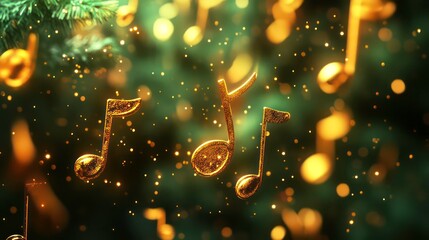 Poster - Golden musical notes float amidst sparkling bokeh lights and a blurred green Christmas tree background.