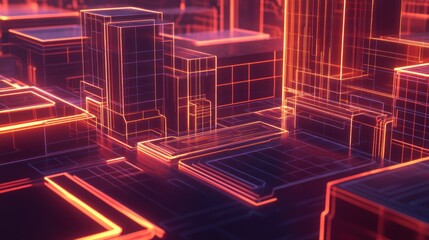 Poster - Neon Cityscape Wireframe Digital Architecture Design