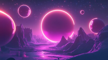Poster - Glowing Pink Planets Over a Purple Alien Landscape