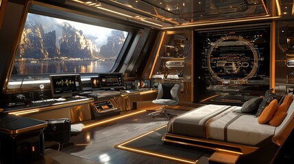 Poster - Futuristic bedroom with panoramic window, workspace, and advanced technology.