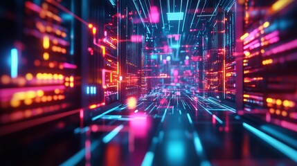 Poster - Neon Lights Illuminate A Futuristic Data Center Corridor