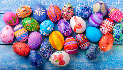 Wall Mural - Colorful Easter eggs in a flower field, lying in green grass, in the background the sun and a bunny, warm nice spring day