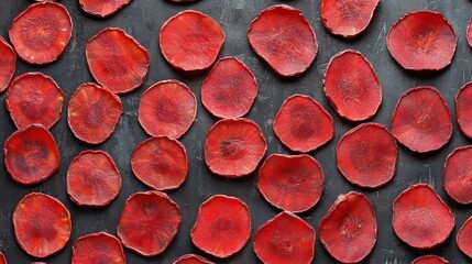 Poster - Close-up view of numerous thin, dehydrated beetroot slices arranged on a dark surface.