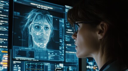Leinwandbilder - Woman Analyzes Facial Data On Computer Screens