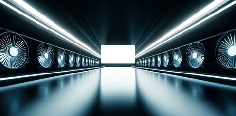Poster - Cryptocurrency mining facility depicted as a 3D illustration of an abstract cyberspace Blockchain against a dark backdrop