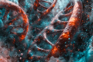 Poster - A futuristic design element centered on DNA research, featuring a 3D illustration of a DNA helix against a dark background