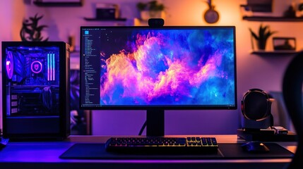 Poster - Vibrant Gaming Setup With Computer Tower And Monitor