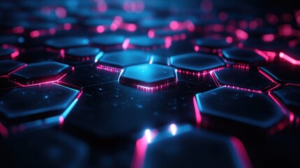 Poster - Abstract Hexagon Pattern Illuminated With Neon Blue And Pink Lights