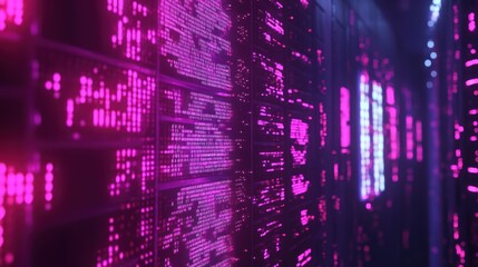 Poster - Pink Neon Lights Illuminate Server Racks Data Center