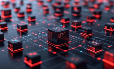 Fototapete - Blockchain, big data, data processing, cloud database, virtuality, and AI. Information blocks, digital, financial, and internet technologies. 3D illustration of decentralized blocks in one cluster