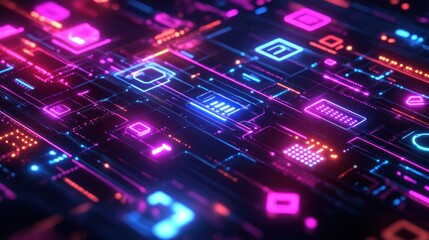 Poster - Abstract Neon Circuit Board Digital Technology