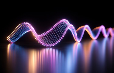 Poster - DNA genome decoding with a colorful design concept. Purple macro fantasy viewed through a digital microscope. 3D illustration of laboratory research focusing on molecular particles