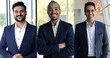 © fizkes - Three multiethnic handsome executives, company owners vertical portraits. Collage of African and Indian male entrepreneurs in elegant formal suits pose in office. Business aspirations, success, career