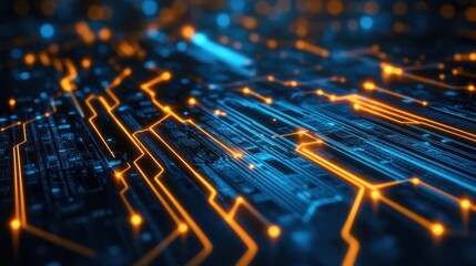 Aufkleber - Abstract Digital Circuit Board Glowing Orange Blue Lines