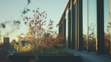 Poster - Rooftop Planter With Dried Plants Near Modern Building