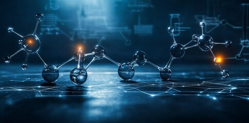 Poster - Complex molecule 3D illustration. An abstract molecular lattice combined with a cellular structure. Transparent purple elements with a glossy effect. The scene is complemented by a fresh, clean,