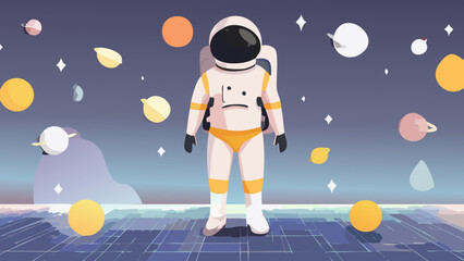 astronaut exploring a whimsical space environment filled with colorful planets and celestial bodies
