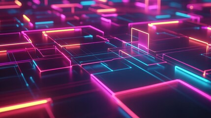 Poster - Abstract Neon Geometric Shapes Illuminate Dark Background