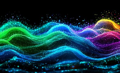 Poster - information waves, analytics data, field of successive points, data flow, neon light, and a 3d illus