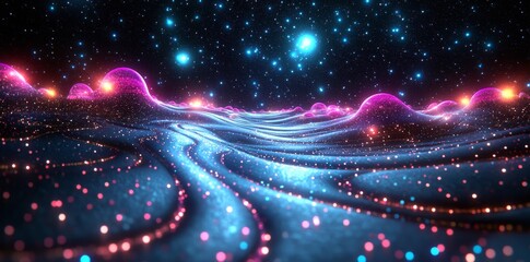 Poster - abstract musical beat in a hi-tech, sci-fi 3d illustration. sound waves float amidst big data partic