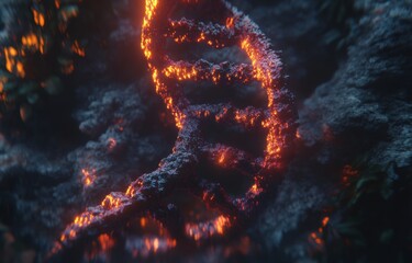 Poster - A colorful design concept of DNA genome decoding. Purple, macro-scale fantasy observed with a digital microscope. 3D depiction of molecular particle research in a laboratory environment