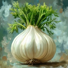 Wall Mural - A Stunning Artistic Representation of a Bulbous Garlic with Vibrant Green Leaves on a Textured Background Showcasing Culinary and Botanical Beauty