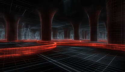 Poster - Abstract nanostructures and emerging technologies. Information funnel. Global network. Polygonal light grid. 3D portal illustration with a slight depth of field