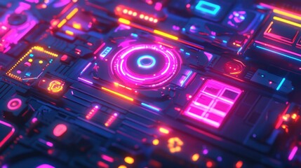 Poster - Neon Lights Illuminate Futuristic Tech Panel